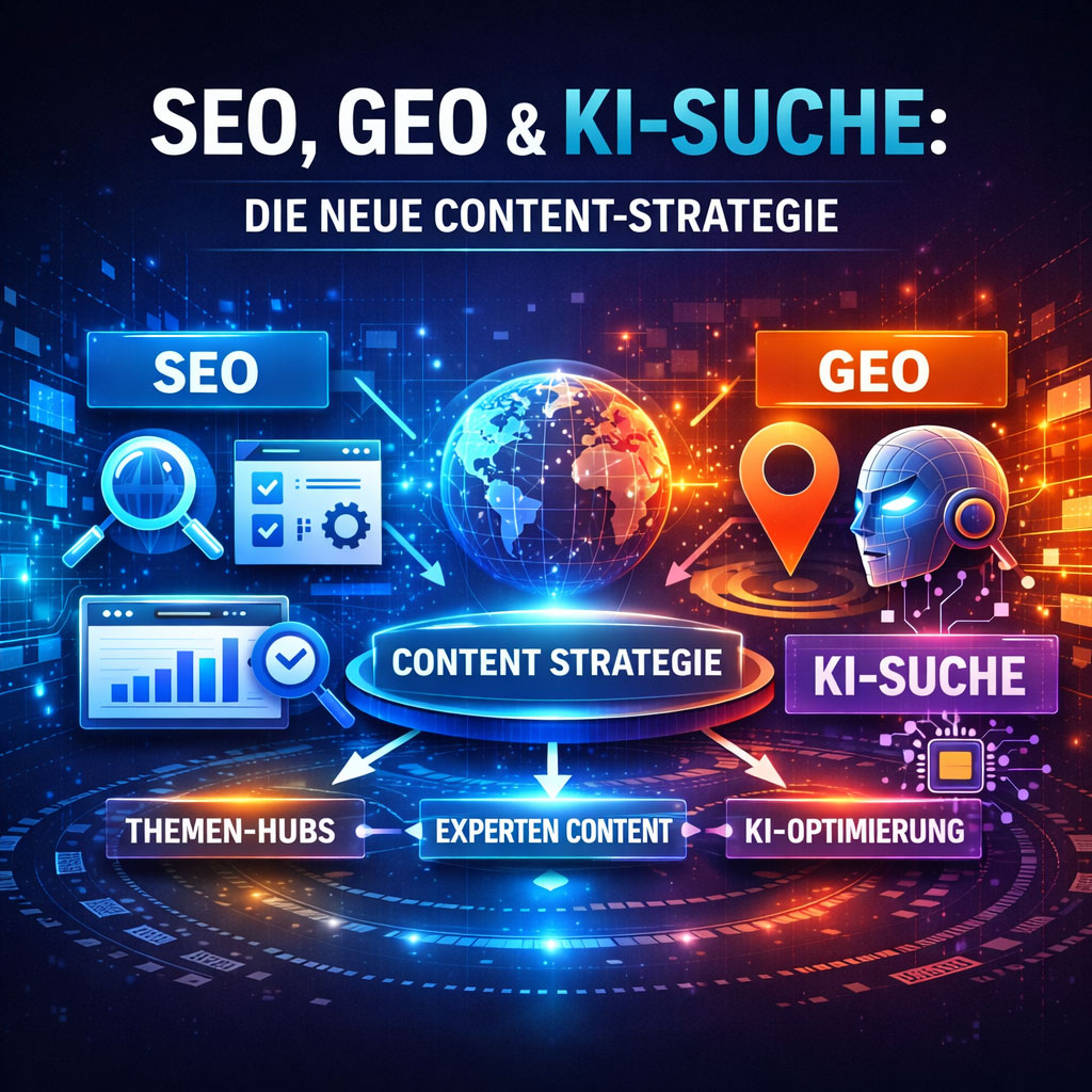 Visualisierung einer modernen Content-Strategie für Online-Shops mit Fokus auf SEO, GEO und KI-gestützte Suche im Jahr 2026.